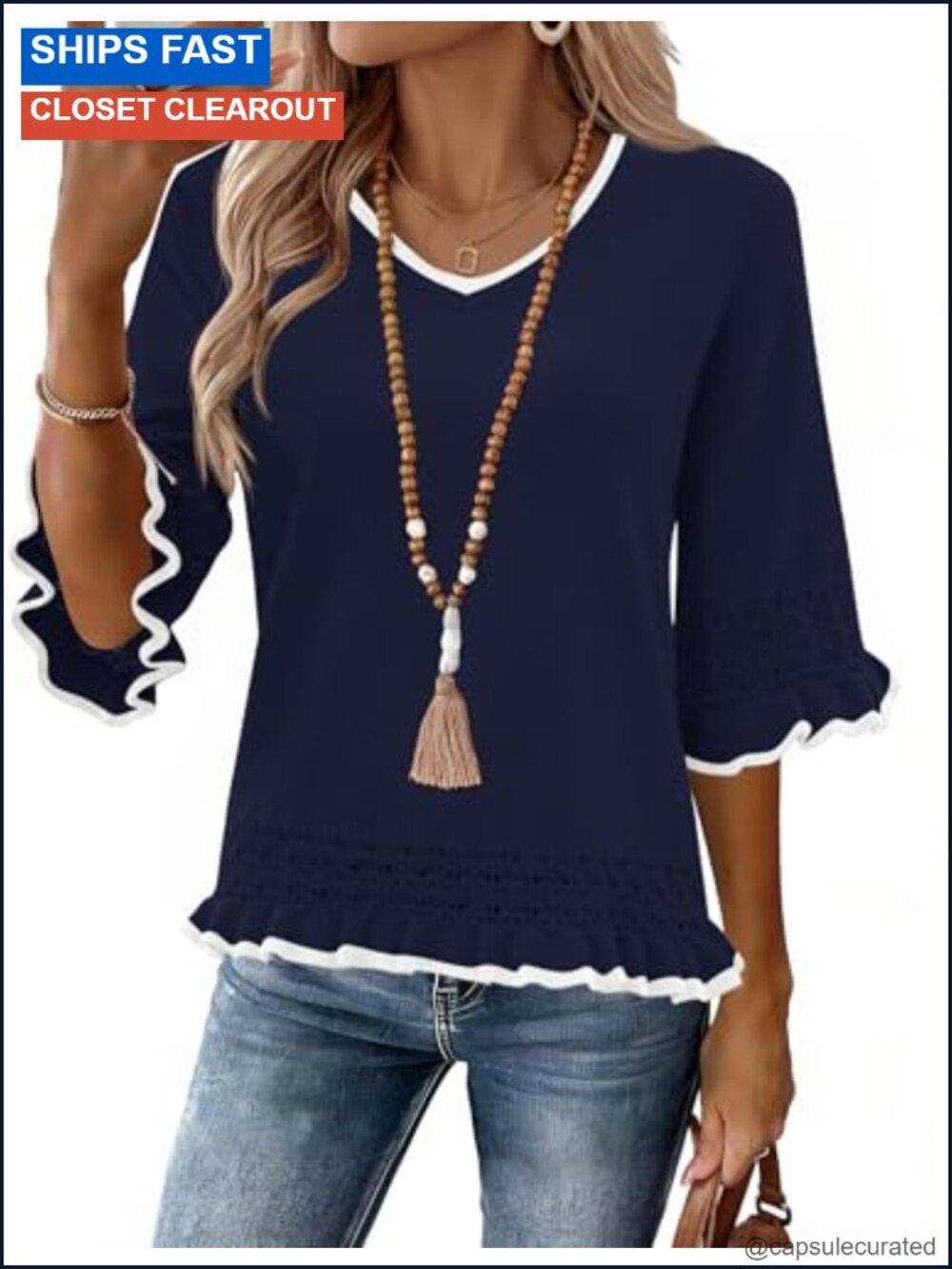 Womens V Neck Peplum Sweater 3/4 Ruffle Sleeve Knit Pullover